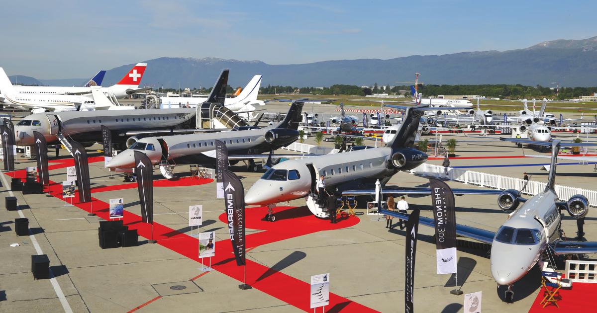 Embraer Executive Jets is well represented on the static display with five aircraft. Pictured here (l-r) are the Lineage 1000E, Legacy 650, Legacy 500 and Phenom 300. Not visible is the Phenom 100, also here at EBACE.