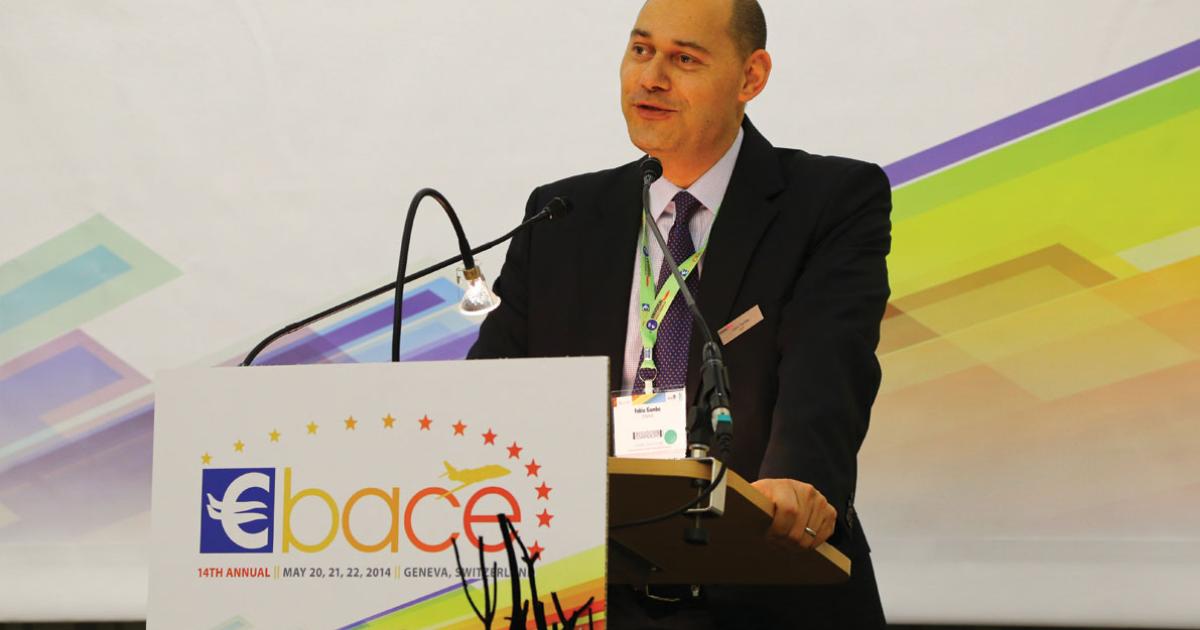 EBAA CEO Fabio Gamba addressed journalists before the opening of EBACE. He expressed cautious optimism, noting that 2014 shows business growth, reversing years of downward statistics.