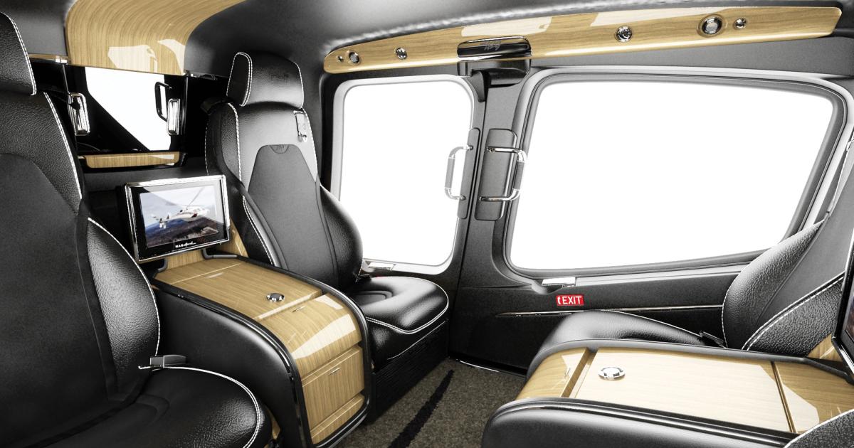 Italy’s Mecaer Aviation Group has created a customizable VVIP interior configuration for the Bell 429, including a Silens noise abatement system and I-Feel touch-screen entertainment management.
