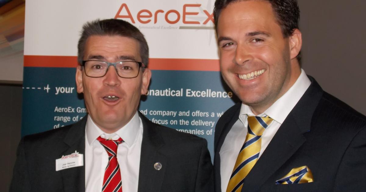 Joel Hencks (l) managing director of AeroEx and Martin Lidgard. Webmanuals CEO, are here at EBACE to demonstrate the functionality of their new recent product partnership.