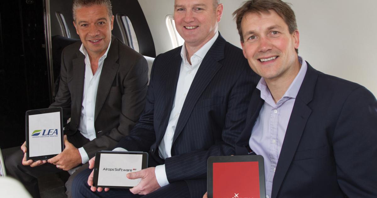 L to r: George Galanopoulos, managing director of London Executive Aviation, an Airops user; with Daniel Tee, managing director of Airops; and PrivateFly CEO Adam Twidell, celebrate the cooperation between Airops and PrivateFly.