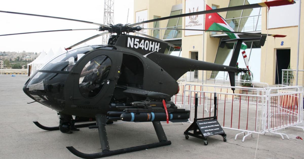 MD Helicopters took its MD540A to Jordan last week for the type’s first overseas appearance. It is armed with Hellfire and DAGR missiles and miniguns. (Photo: David Donald) 