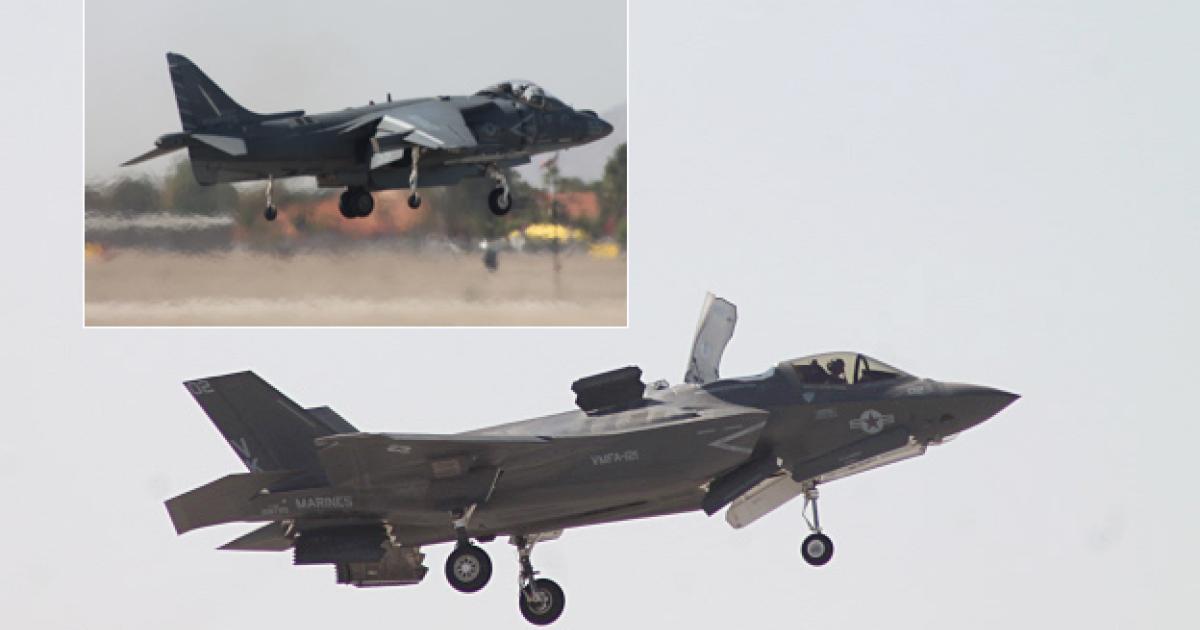 This F-35B performed the first public flying display of the Lockheed Martin Lightning II at MCAS Yuma, AZ last March. But unlike the AV-8B that it will replace (inset), the stealth jet did not perform a vertical takeoff or landing. (Photos: Chris Pocock)