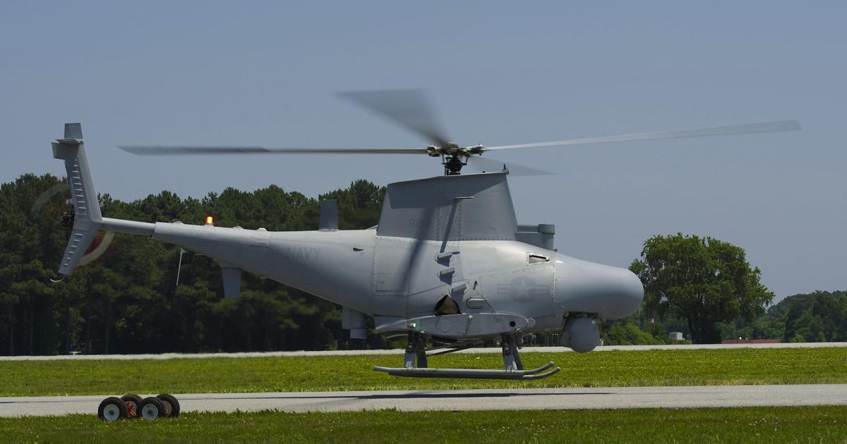 The U.S. Navy provided this photo of the first flight of an MQ-8B Fire Scout equipped with a new maritime surveillance radar. (Photo: U.S. Navy) 