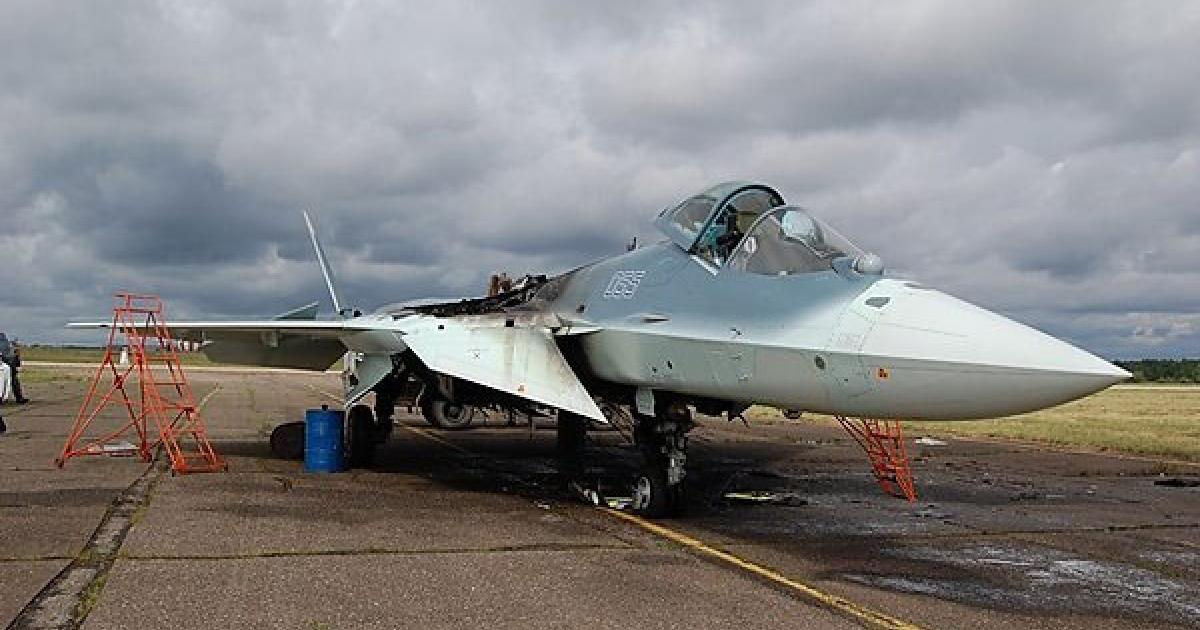 The damaged T-50 prototype at Zhukovsky. Sukhoi said that the aircraft is repairable. (Photo: Russian television)