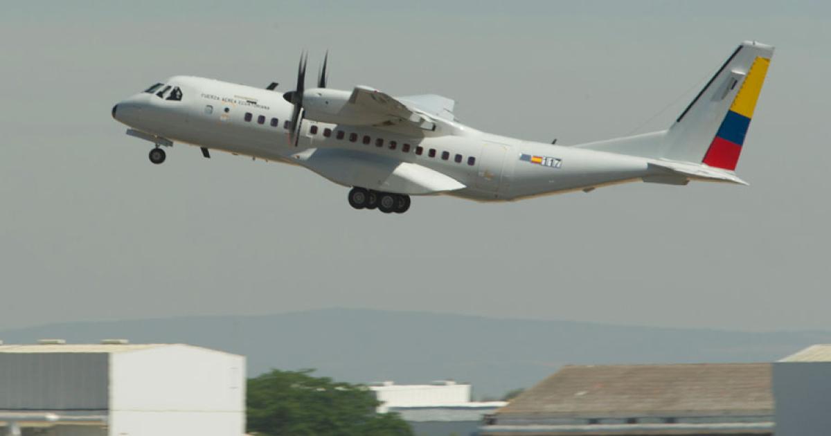 One of three C295s ordered by Ecuador takes off from Airbus’s Sevilla-San Pablo facility for a test flight. (Photo: Airbus)