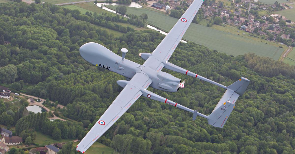 A Harfang UAV flies over metropolitan France. The French air force is retaining the Israeli UAV, supplied by Airbus Defence & Space, despite acquiring the Reaper UAS from the US. (Photo: Airbus D&S)