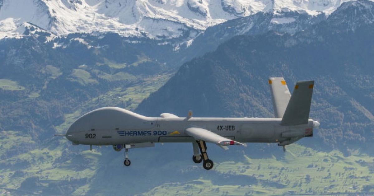 The Elbit Hermes 900 flying over Switzerland during the Swiss evaluation of new UAVs in 2012. (Photo: Armasuisse)