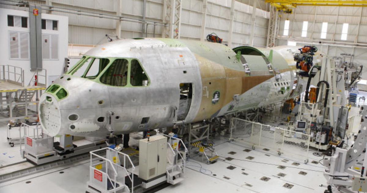 The first KC-390 prototype is entering final production at Embraer’s São Paolo facility. (Photo: Embraer)