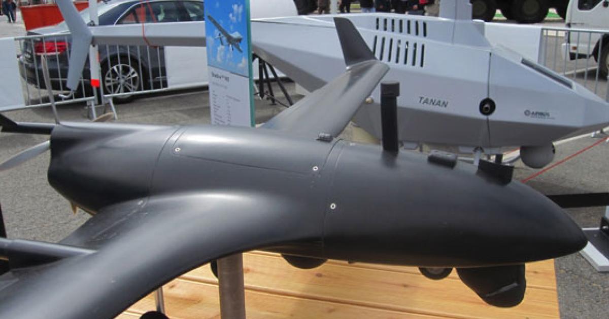 A model of the Textron Shadow M2 is shown in front of the prototype Airbus DS Tanan Block 2. Airbus is offering the types for two French requirements, highlighting the commonality of their systems (Photo: David Donald)