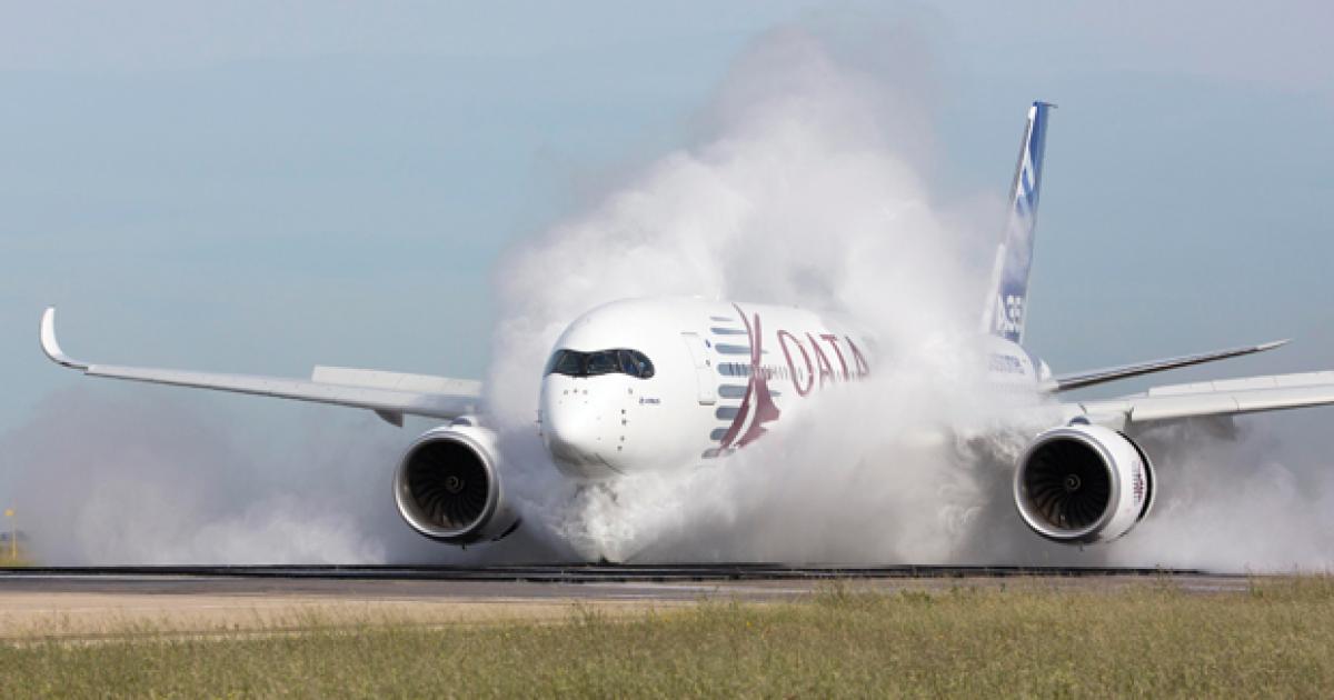 During pre-certification testing, the Airbus A350XWB 
twin-aisle twinjet underwent water ingestion trials on a long military runway at Istres, France, that also is used for high- and maximum-energy rejected takeoff work.

