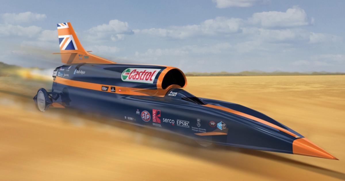 Artist’s impression of Bloodhound SSC during a record run. The actual record attempts are planned to take place in South Africa in 2016. The car is appearing at Farnborough before heading for South Africa.