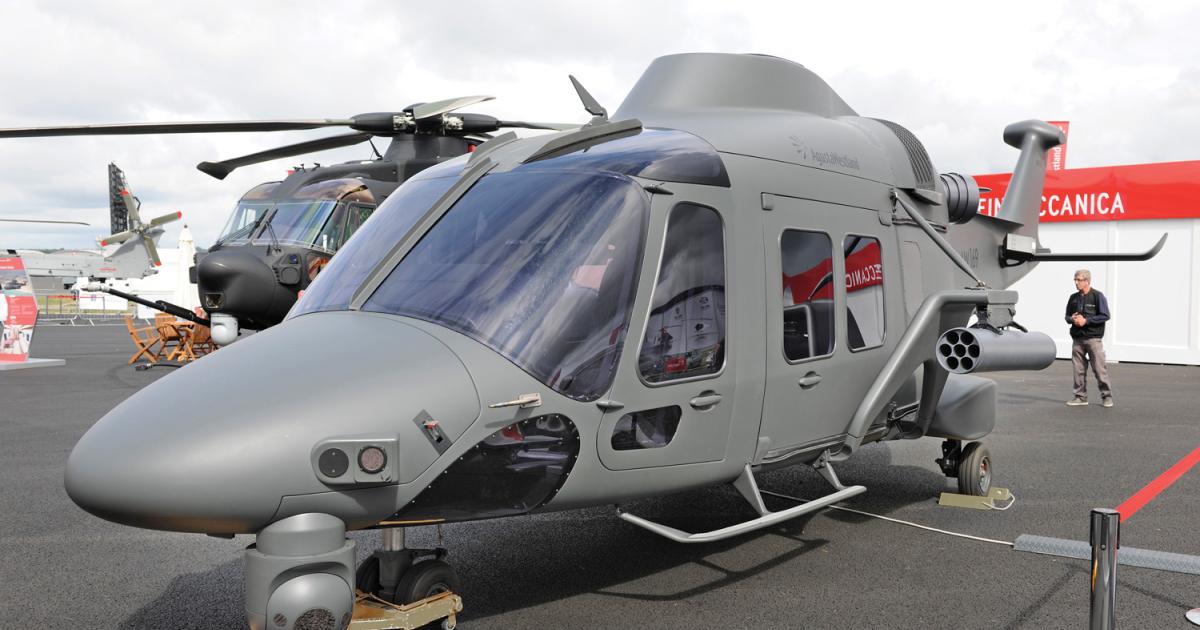 AgustaWestland is showing this mockup of its AW169M (for Military). The AW169 also comes in a civil version, and the type is next in line to benefit from the manufacturer’s development strategy of working with certification authorities to leverage dual-use rotorcraft.