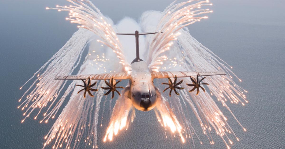 Flare dispenser trials culminated in this spectacular full flare jettison test of the Airbus A400M.