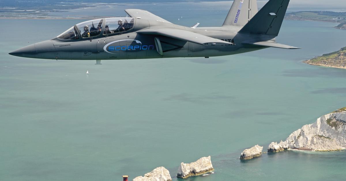Textron AirLand’s Scorpion tactical jet completed the ambitious trek across the Atlantic, and appears over the the Needles islands off the coast of the Isle of Wight. The jet performed at the Royal International Air Tattoo (RIAT) before arriving at Farnborough.