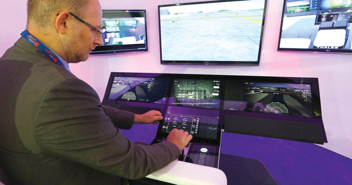 Thales is here exhibiting its Avionics 2020 flight deck demonstrator for the first time at Farmborough.
