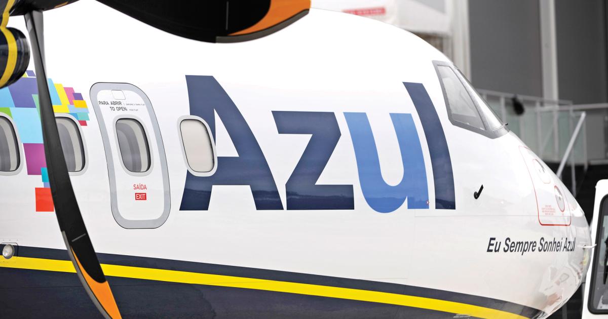 The ATR 72-600 on display here at the Farnborough Airshow wears the livery of Brazilian airline Azul .