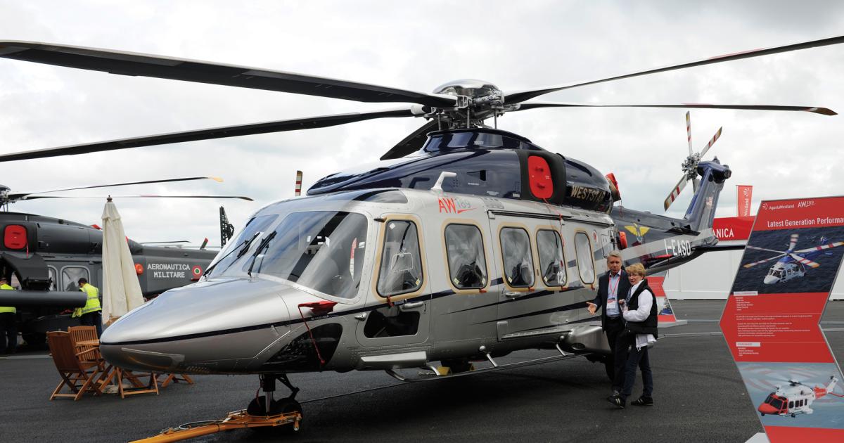 Waypoint Leasing bought its first helicopters from AgustaWestland on behalf of clients but before closing on funding. AW189 shown here at Farnborough on AgustaWestland’s static display.