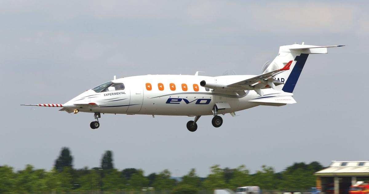 Piaggio Aero’s Avanti EVO prototype lands at Farnborough. The aircraft has been used for tests and certification of the aerodynamic and systems modifications, but does not have the production EVO’s new-look cabin.
