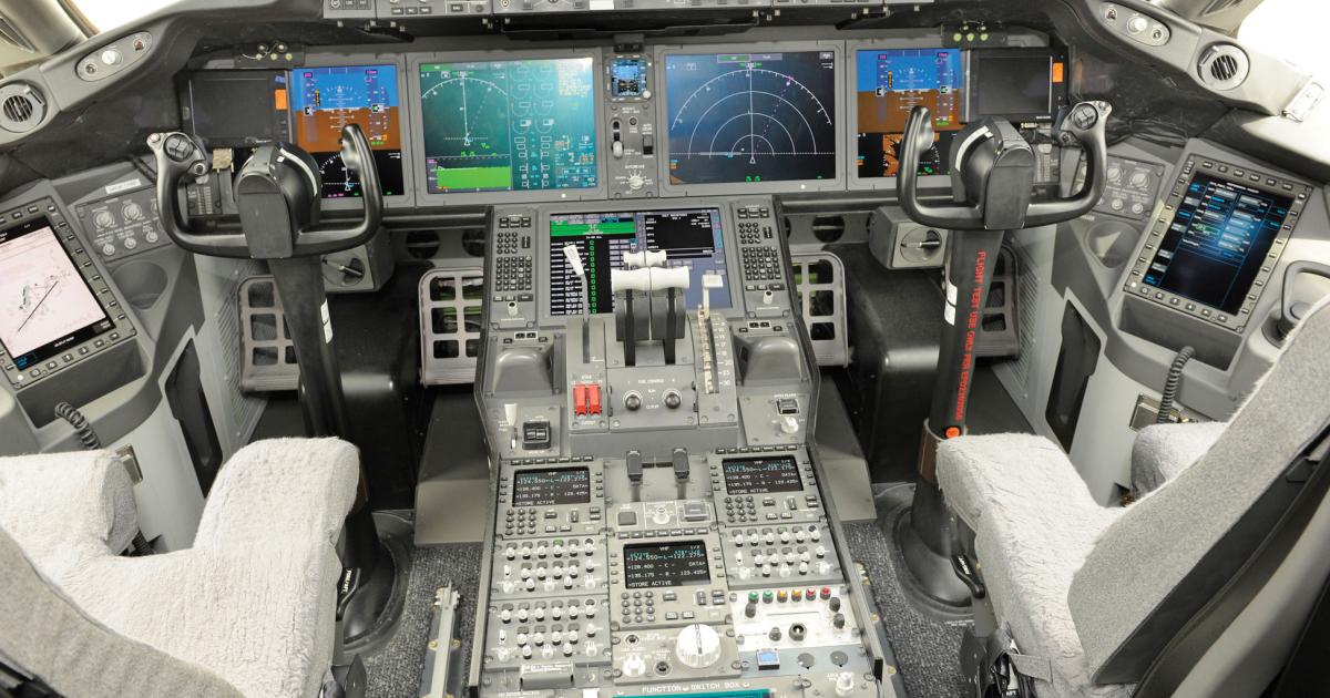 The advanced cockpit of Boeing’s 787-9 Dreamliner includes electronic flight bag (EFB) technology as well as four oversize front panel displays. 