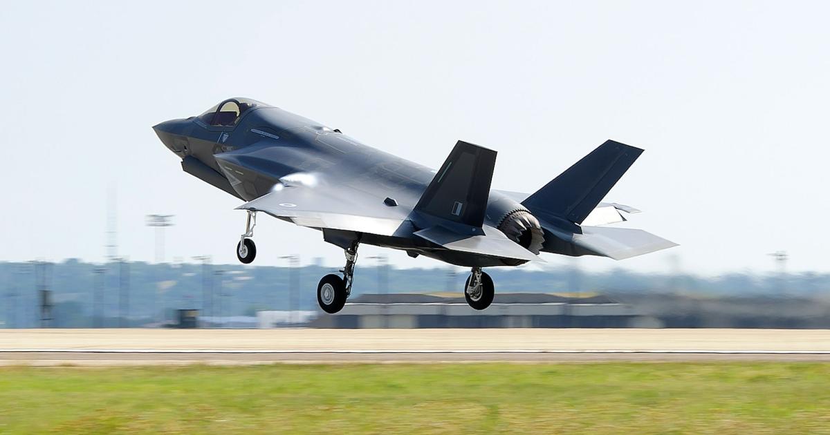 One of three British F-35Bs at Eglin AFB, where they have been participating in operational test and evaluation of the F-35. One of them is supposed to fly at the RIAT and Farnborough Airshows later this month. (Photo: Lockheed Martin)