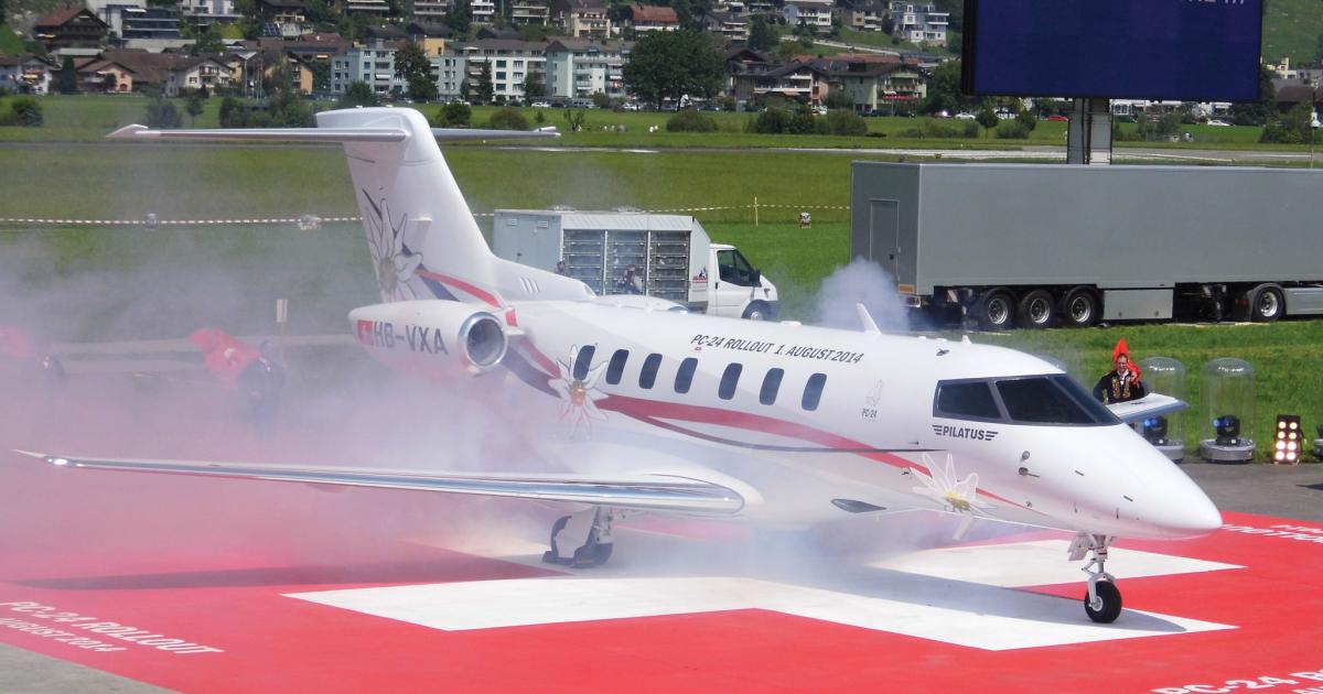 On August 1, Pilatus introduced the first prototype of its new PC-24 jet at its Stans, Switzerland, headquarters. Photo: Ian Sheppard