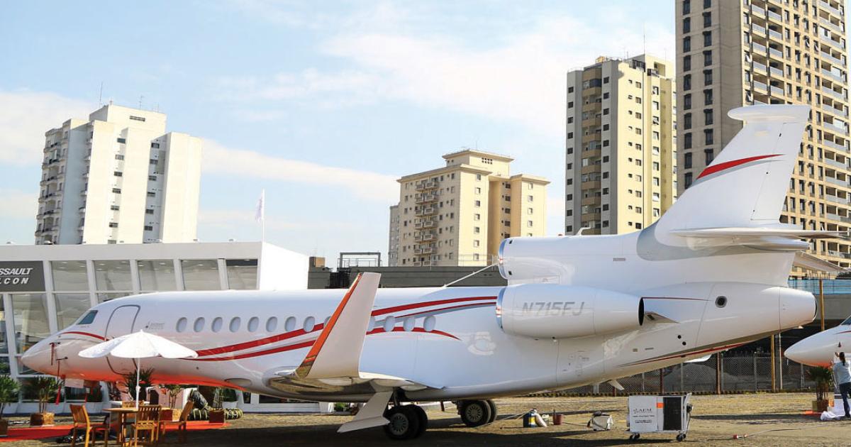 Dassault Falcon Jet brought its flagship 7X (foreground) and 2000LXS/S models to LABACE, highlighting the airframer’s conviction that Latin America is an important market. (Photo: David McIntosh)