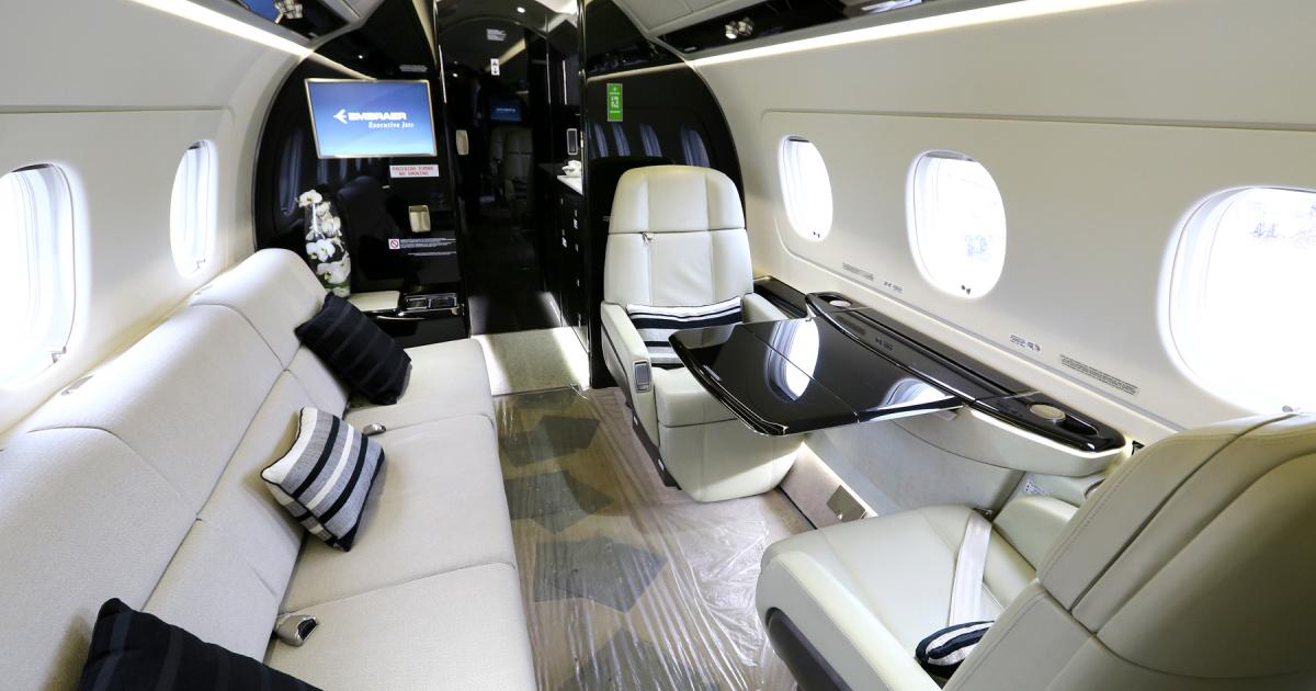The newly revealed interior of Embraer's Legacy 500 includes a combination of berthable single seats and multi-place divans.