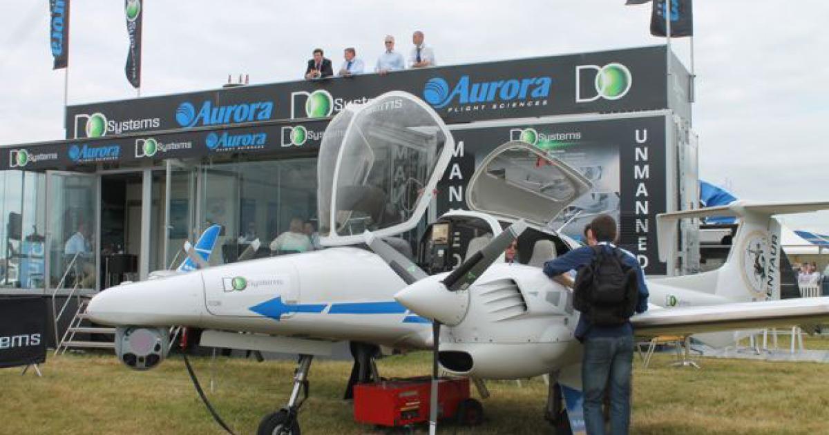 The Centaur OPV on display at the recent Farnborough Airshow. It carriers the logo of DO Systems, the British distributor for Diamond Aircraft, which has provided DA42 MPPs for surveillance and aerial survey under contract. (Photo: Chris Pocock)