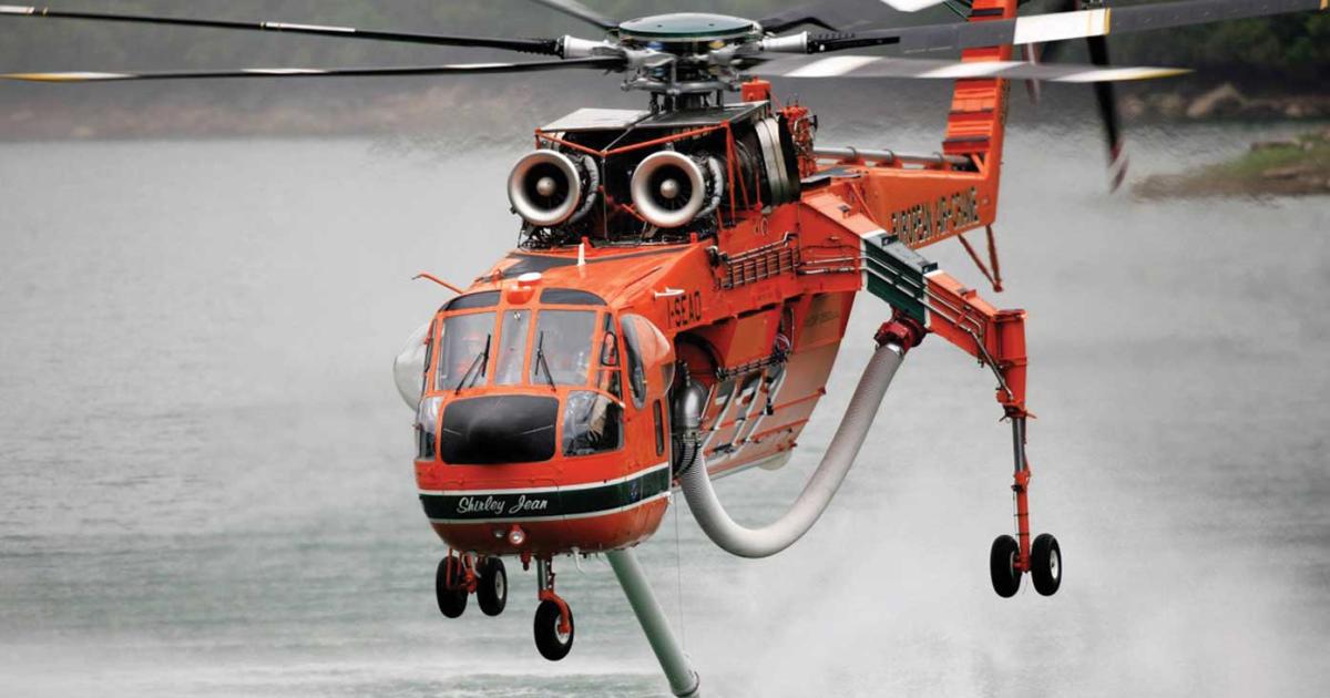 Erickson’s big S-64 Air Crane doesn’t travel alone. A crew of eight and $1 million worth of parts accompany the aircraft on its various missions around the globe.
