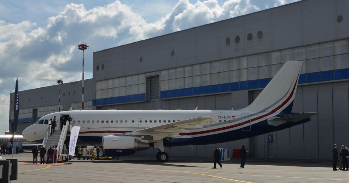 Airbus Corporate Jets exhibited an ACJ operated by Austria-based management group MJets. [Photo: Vladimir Karnozov]