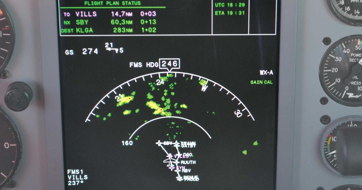 Though the storms we were chasing were hardly spine-chilling, the display on Honeywell’s IntuVue 3D radar clearly showed the cells that were bubbling up in 
our flight path. For tactical flight planning, nothing beats an onboard radar.