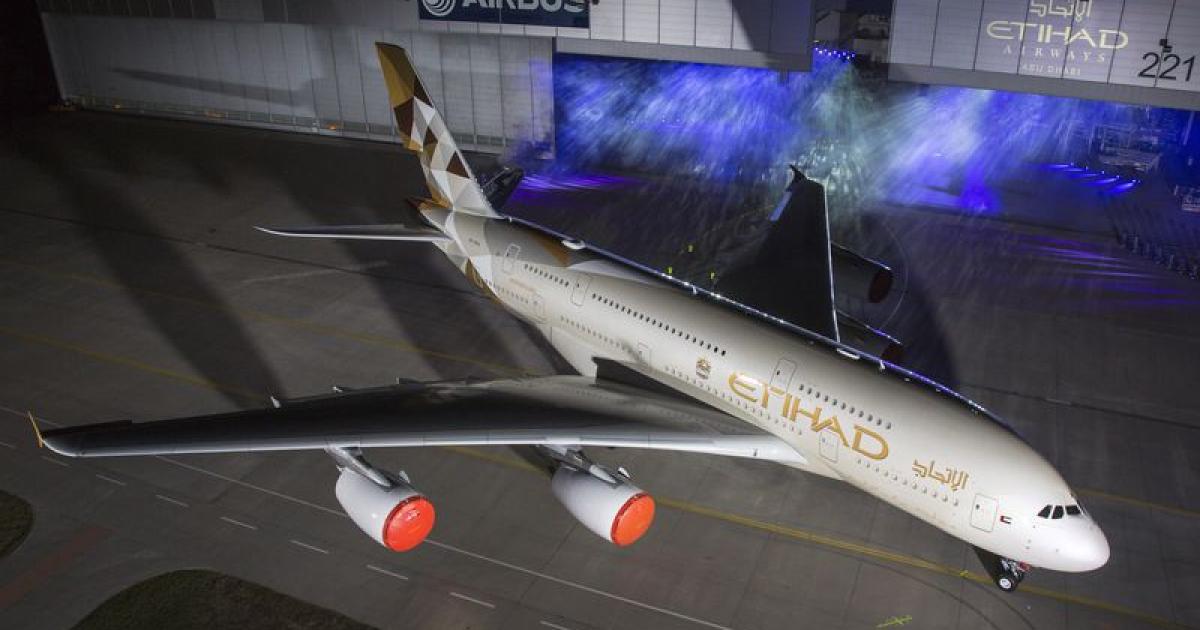 Airbus and Etihad display a new livery for the A380 in Hamburg on September 25. (Photo: Airbus)