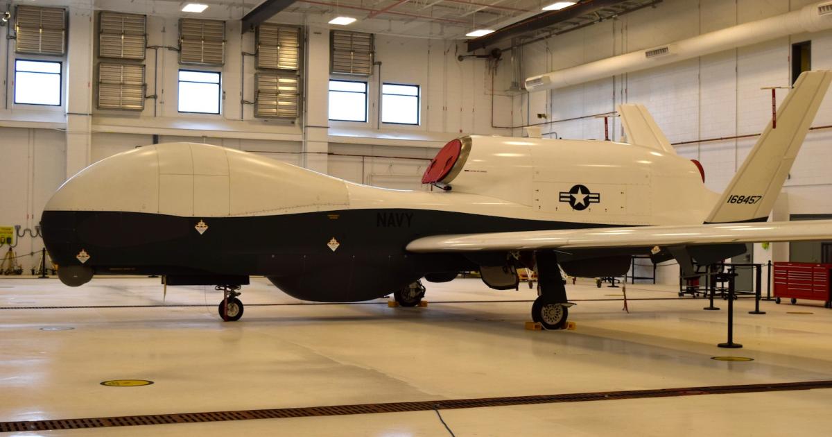 MQ-4C Triton SDTA 1 is housed in a purpose-built hangar at Naval Air Station Patuxent River, Md. (Photo: Bill Carey)
