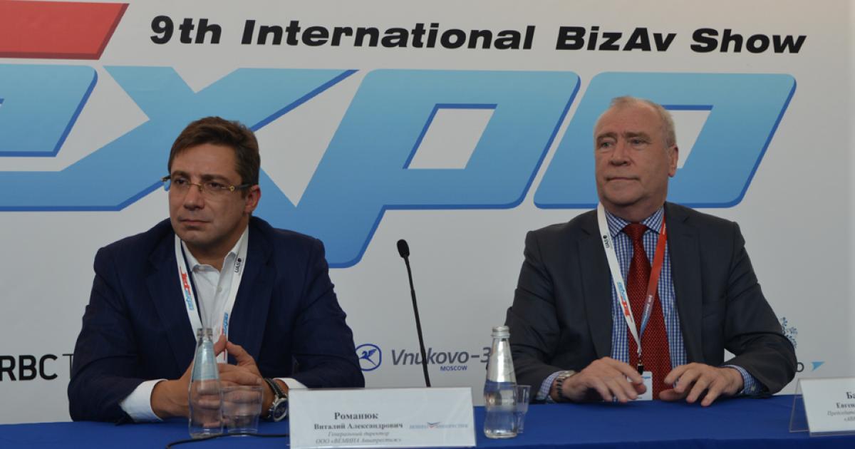 Vitaly Romunyuk, left, president of Russia’s Association of Aviation Interior Companies, shared a media briefing on supplying locally derived business jet interiors with Eugeny Bakhtin, vice president of Russia’s United Business Aviation Association.