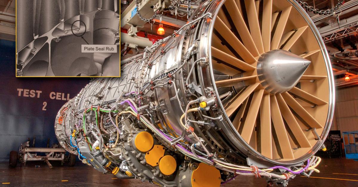 A Pratt & Whitney F135, the engine that powers the F-35 stealth fighter. (Photo: P&W) The inset shows the location of the plate seal, between the second and third fan stages, that rubbed excessively to cause an engine failure.