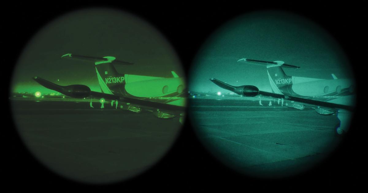 Existing green phosphor night vision goggles (left images) have been superceded in performance and reliability by Aviation Specialties Unlimited’s white phosphor NVGs.
