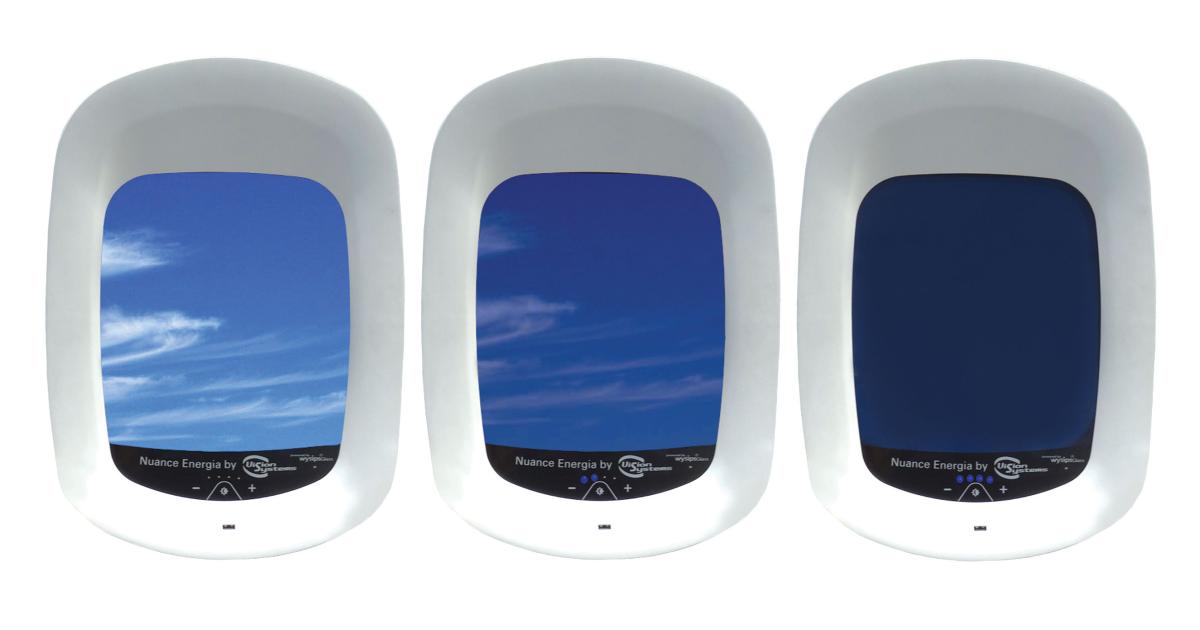 “Smart” windows from Vision Systems use suspended particle device (SPD) technology to dim progressively. The Venetian blind effect can be actuated by passengers’ personal electronic devices, and also contributes to quieting cabin interiors.