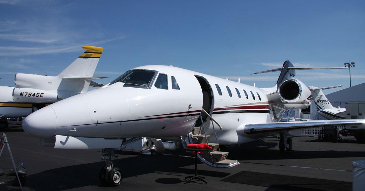Textron Aviation is now actively marketing its Citation X Elite program, which refurbishes Xs­­–formerly in service with NetJets­–with updated avionics, new interior, paint and other refinements. The first ex-NetJets Citation X was inducted into the Elite program last year and the second, shown here, is on display this week at NBAA 2014. (Photo: Barry Ambrose/AIN)