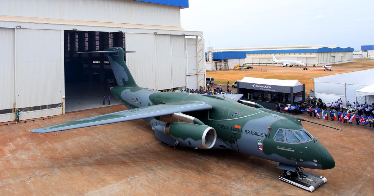 The first of two KC-390 prototypes was rolled out in Brazil on October 21. (Photo: Embraer)