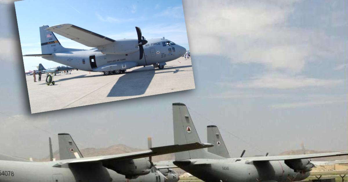 Part of the ill-fated Afghan C-27A fleet in open storage at Kabul last year (photo: SIGAR), and (inset) a C-27J shown during its brief service with the U.S. Air National Guard (photo: Chris Pocock).