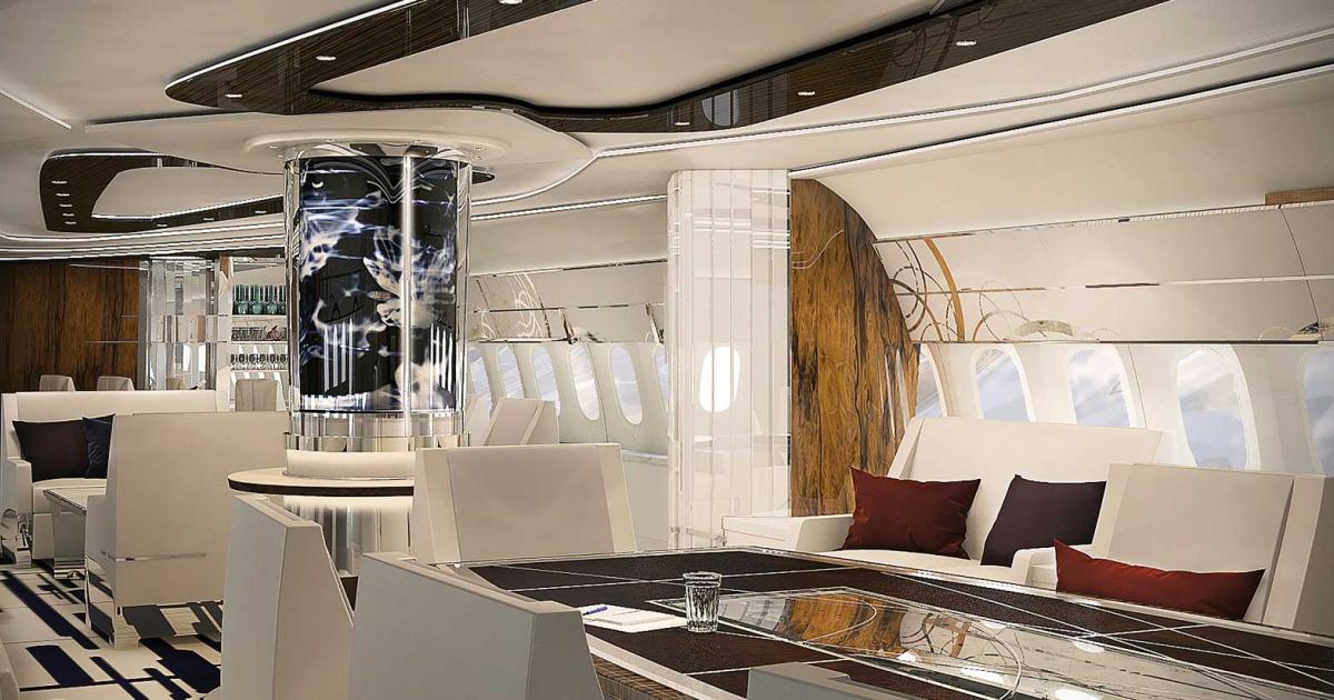 Greenpoint’s miniature Boeing 787-9 Dreamliner model demonstrates what the company would be able to do with a full-size aircraft completion. The dining area shows off accents of polished metals, as does the main entry area.