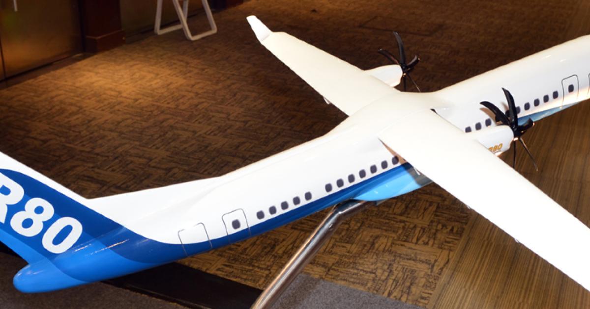 A model of the Regio-Aviasi R80 at November’s Indo Defense show in Jakarta. Developers based its design on the IPTN N250 of the 1990s, but with a lengthened fuselage and new avionics systems. (Photo: David Donald)