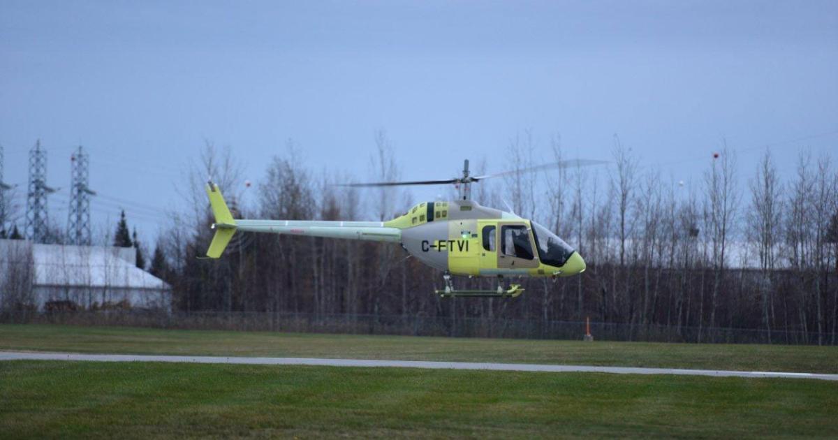 The Bell 505 Jet Ranger X achieved a 30-minute maiden flight on November 10 from the company’s Mirabel, Québec manufacturing facility. Company senior test pilots Yann Lavalle and Eric Emblin hovered the new helicopter and assessed low-speed controllability, reaching up to 60 knots. (Photo: Bell Helicopter)