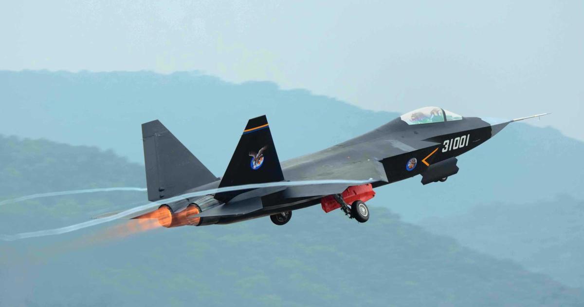The prototype Shenyang J-31 fighter takes off to display at Airshow China in Zhuhai. (Photo: Piotr Butowski) 