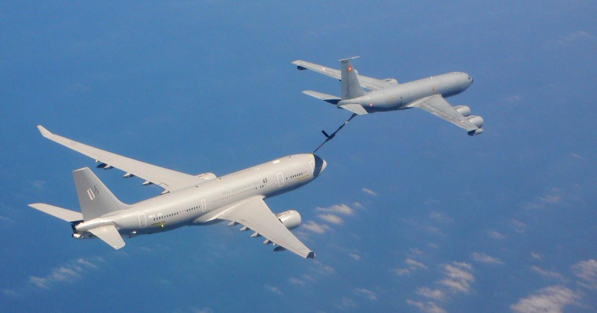An A330MRTT refuels from a French air force KC-135.  Europe needs more tankers, but only three nations have committed to a joint fleet. (Photo: Airbus D&S)