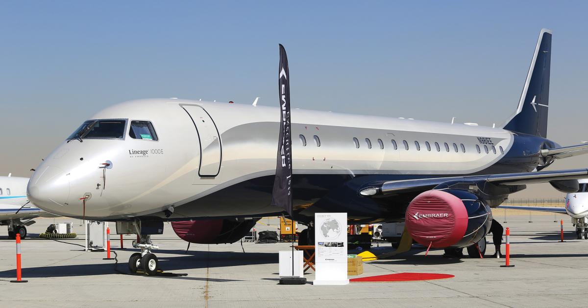 The Lineage 1000E large-cabin aircraft is one of three models Embraer Executive Jets has on show here at MEBA 2014. Also available for viewing are a Legacy 650 and a Phenom 300.
