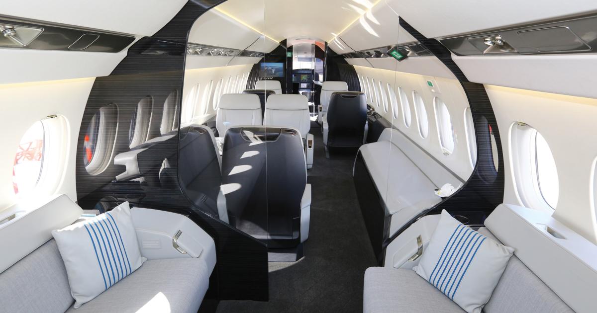 The Dassault Falcon 5X features the widest Falcon cabin ever, as can be seen in a cabin mockup here at the MEBA show. Dassault also is exhibiting a Falcon 7X and a 900LX.
