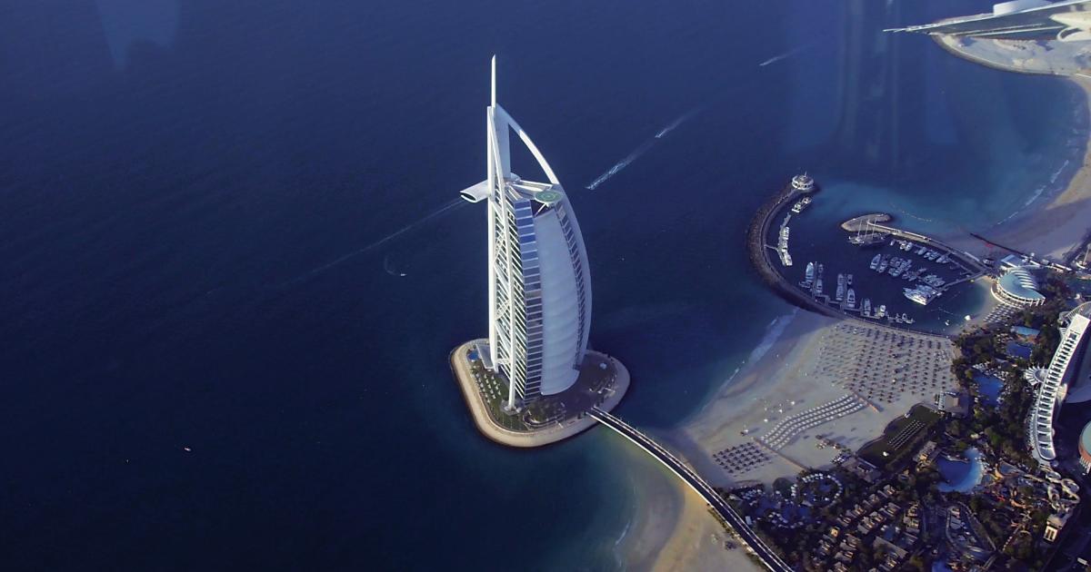 This aerial view of the Burj Al Arab hotel, one of Dubai’s signature landmarks, is available to tourists from the seat of one of Seawings’ Cessna 208 Caravan seaplanes.