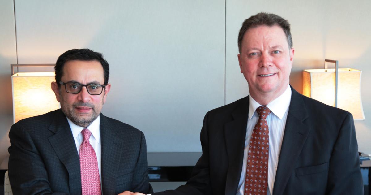 Mohammed Alzeer, general partner, GDC Technics (left) and Mike Beazley, Honeywell’s vice president for aftermarket sales for business and general aviation, yesterday sealed a deal under which the completions center will provide retrofits of Honeywell’s JetWave satellite communications technology.